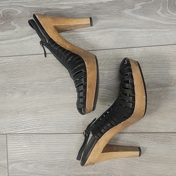 Michael Kors Black South Side Sling Back Leather Wood Platform Heels Women 8 1/2 - Picture 6 of 9